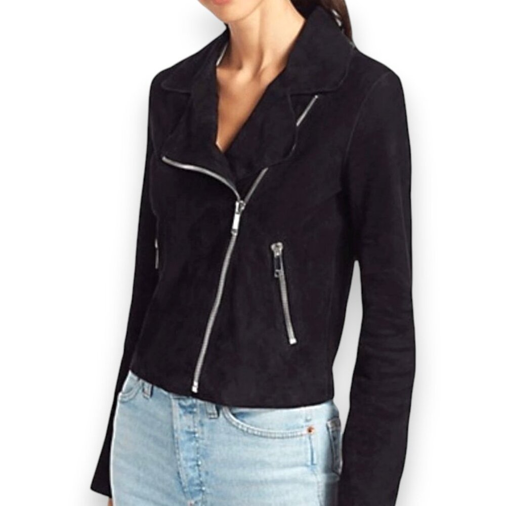 LTH JKT FLO Black Suede Leather Moto Biker Jacket Chunky Zips Size XS